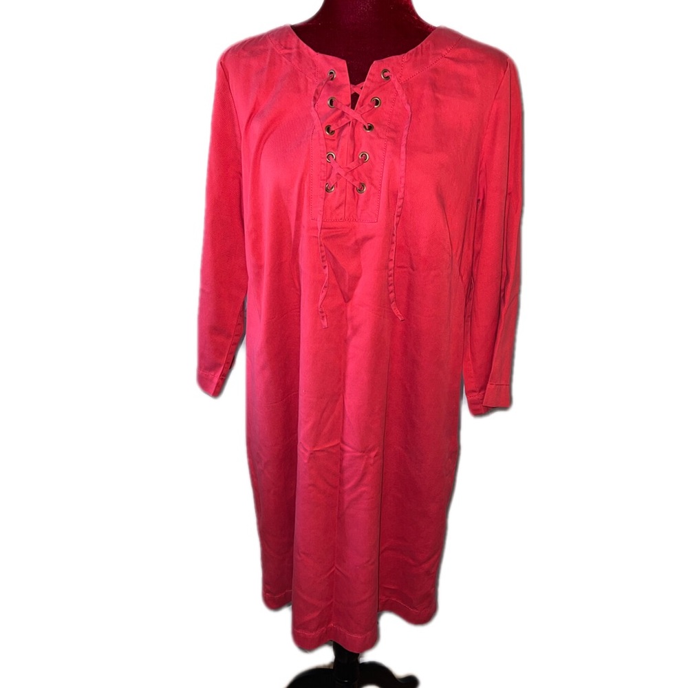 Talbots size 14 red shift dress long sleeve tie front